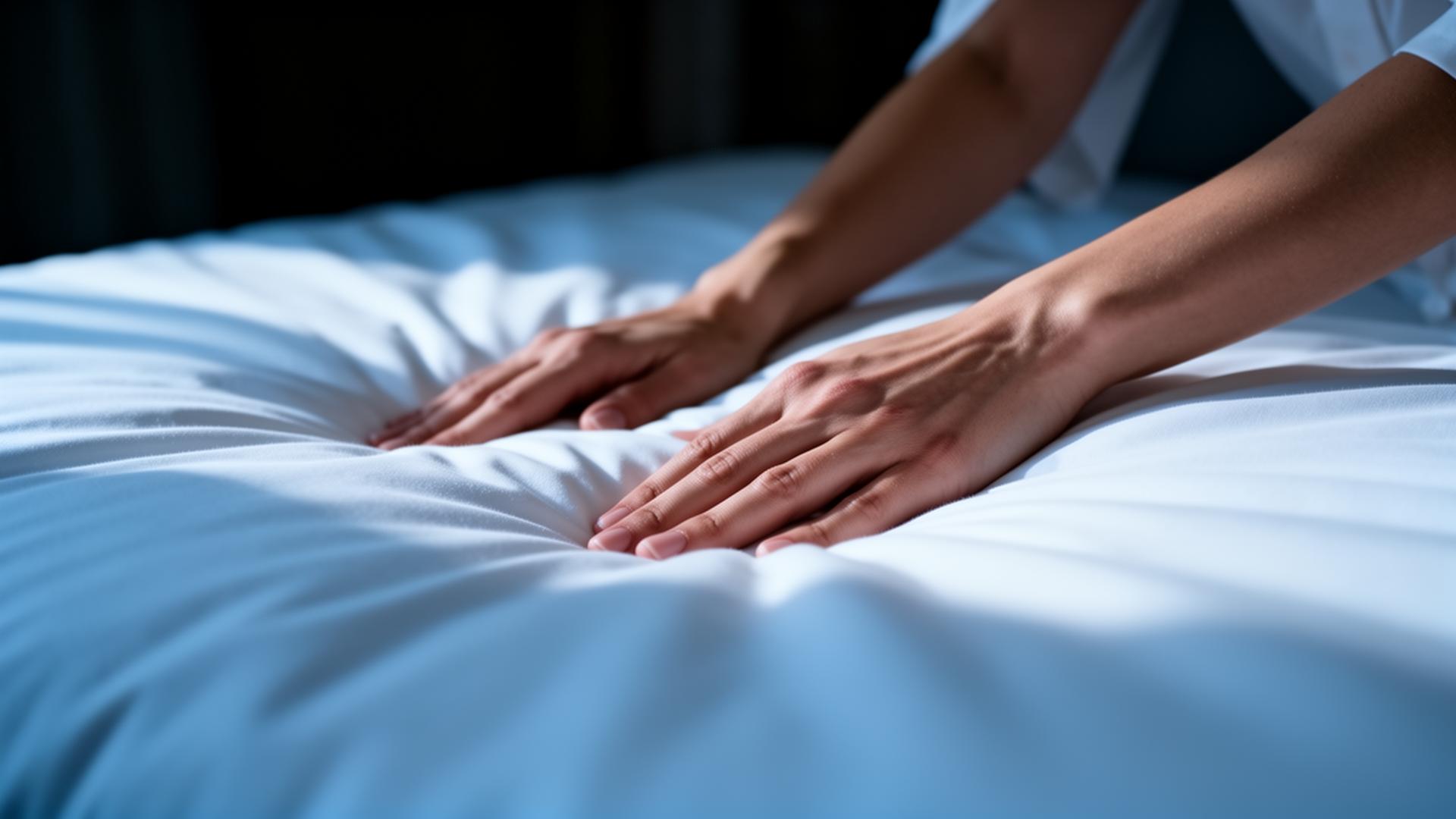 Hands smoothing crisp white linen on a luxury bed