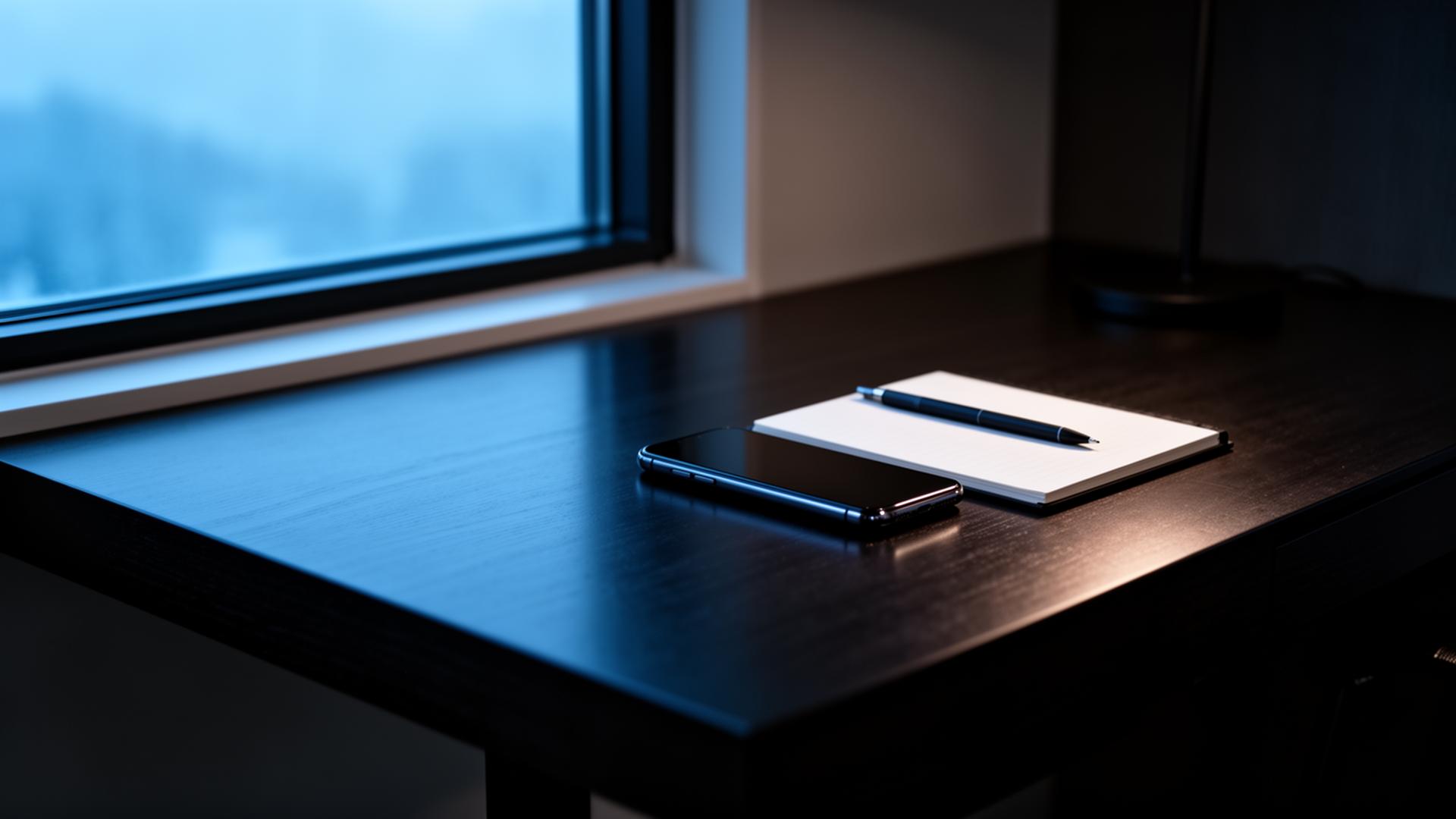 Quiet desk near a window with cool blue daylight